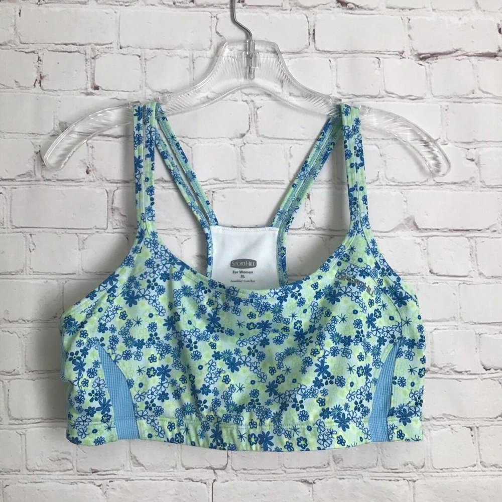 Sporthill Essential V Back Sport Bra XL Blue Green Floral Print RD Mesh